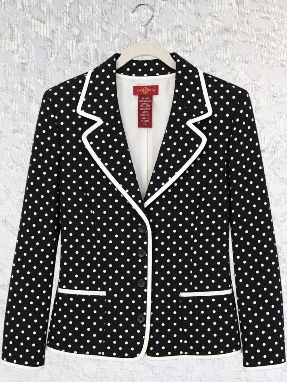 Sangria Black & White Polka Dot Blazer Jacket Size 14 Long Sleeves Pockets
